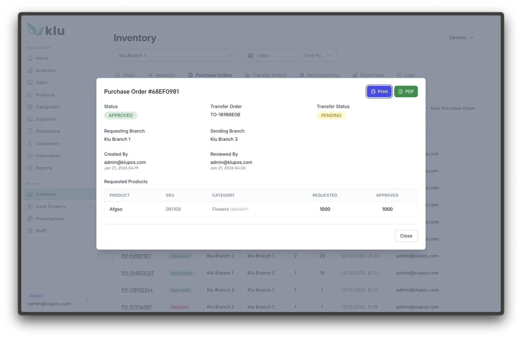 PO and transfer audit screen 1