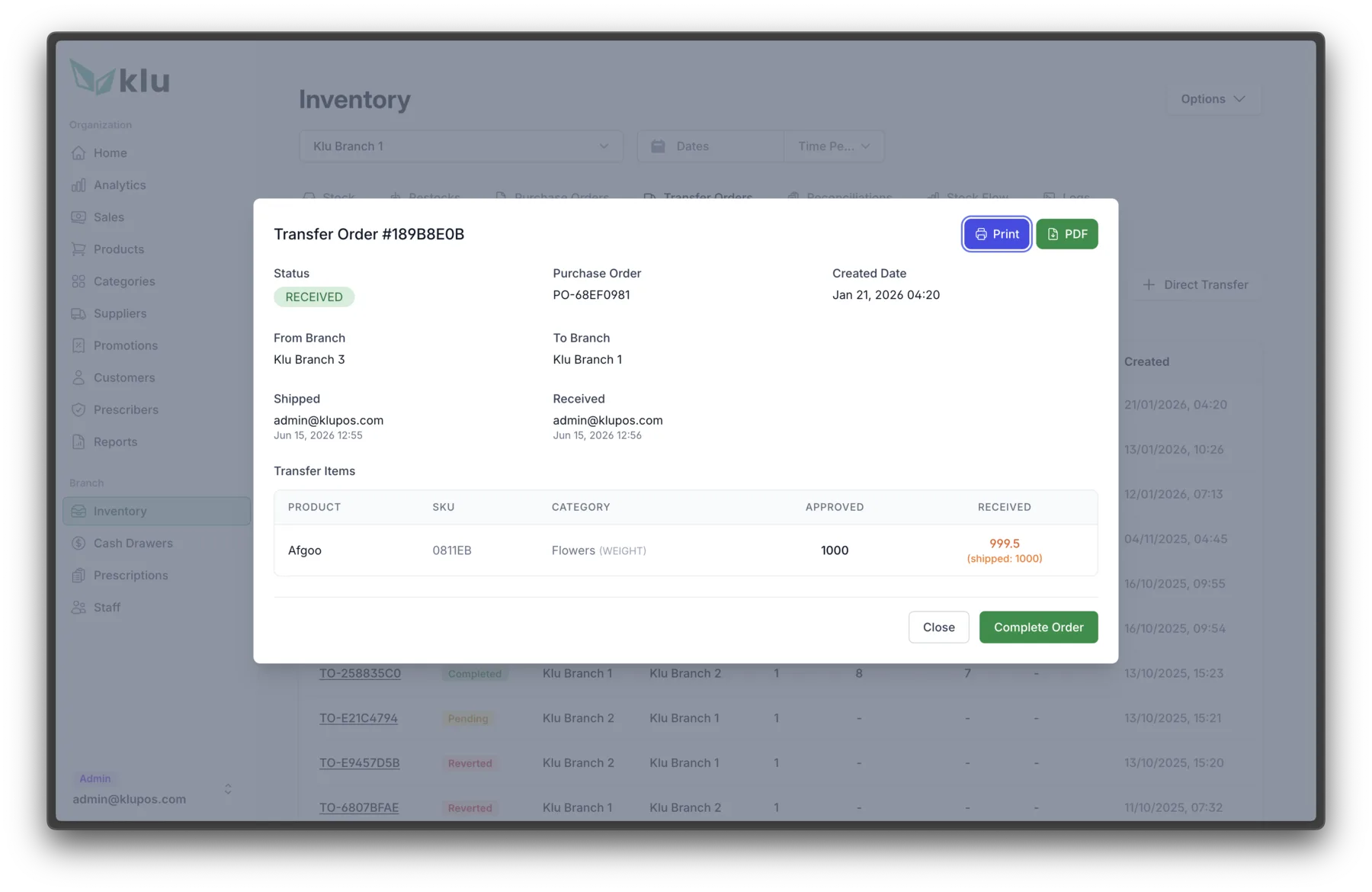 PO and transfer audit screen 2